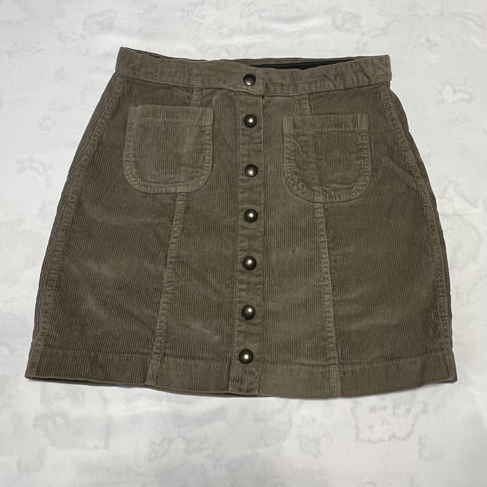 Brandy Melville Corduroy Mini Skirt Olive Green Button Front Small A-Line Pocket